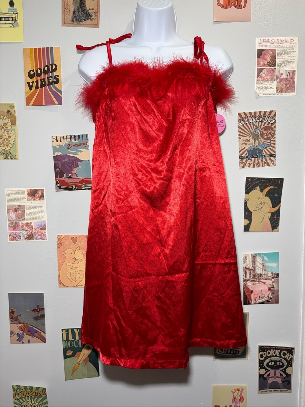 Fashion Nova Red Satin Feather-Trim Chemise